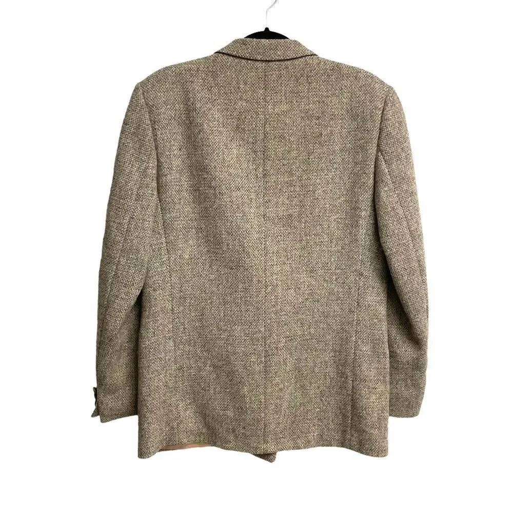 HARRIS TWEED Vintage Hand Woven Double Breasted Wool Jacket Blazer Tan Gray 42R
